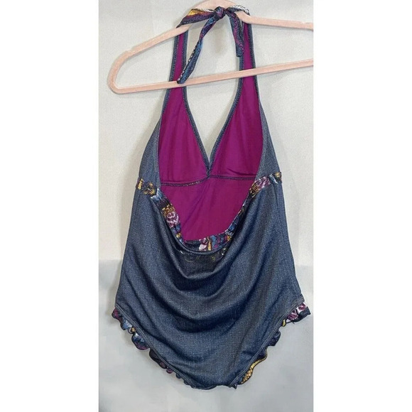 Coogi Size 16 One Piece Swimsuit Halter Top Denim Style Colorful Ruffles Beach - Picture 5 of 9